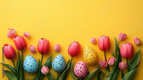 Colorful easter eggs and tulips on vibrant yellow background