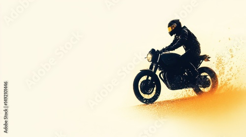 Riding a motorcycle on a sandy terrain at sunset, capturing the thrill of adventure and speed in an expansive landscape
