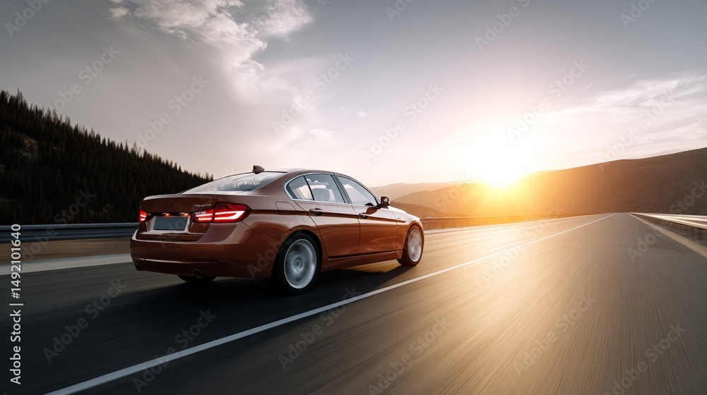 Sleek sedan car driving on highway at sunset with scenic mountain views Sleek sedan car driving on highway at sunset with scenic mountain views