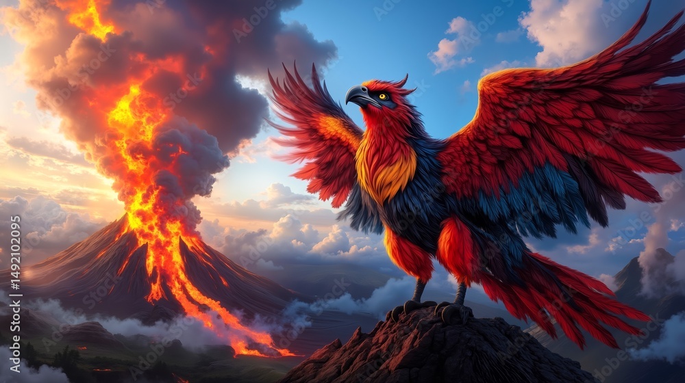 Fototapeta premium A red bird standing on top of a mountain with a volcano in the background