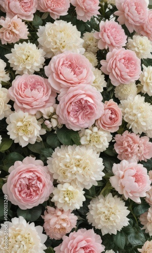 Creamy pastel artificial flower wall  Roses, peonies, hydrangeas  Romantic design ,  rose,  flower arrangement