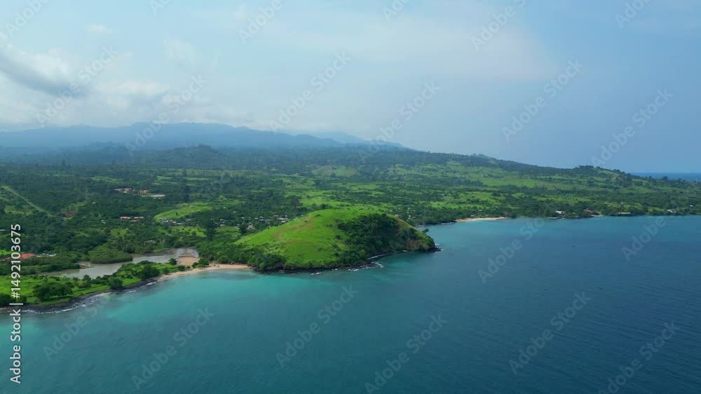 Aerial view towards morro Peixe in São Tomé e Principe,Africa Aerial view towards morro Peixe in São Tomé e Principe,Africa