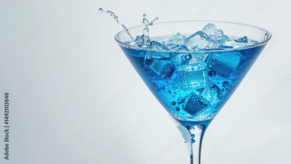 Refreshing Blue Cocktail with Ice Cubes Splashing in a Martini Glass Against a Light Background Refreshing Blue Cocktail with Ice Cubes Splashing in a Martini Glass Against a Light Background