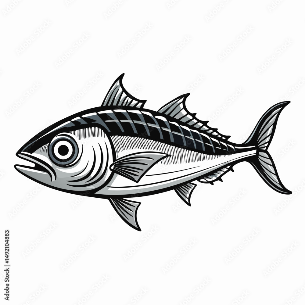 Obraz premium Black and White Tuna Fish Illustration – Stylized Side Profile Drawing for Logos, Science, or Symbolism SVG