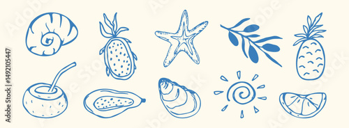 Hand drawn summer set. Italian foods, oyster, olive, lemon, shell, mediterranean fruits. Coastal Greece beach, doodle greek seafood, coast sea blue elements for Italy menu, wedding, sketch. Vector ill