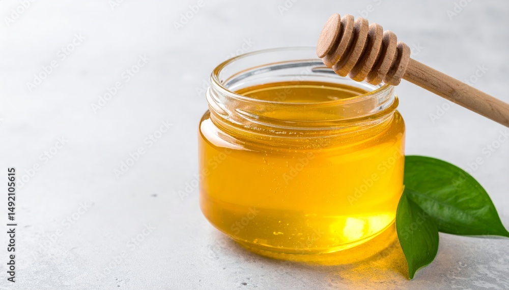 A glass jar holds sweet, golden, organic honey, a natural and delicious ingredient A glass jar holds sweet, golden, organic honey, a natural and delicious ingredient