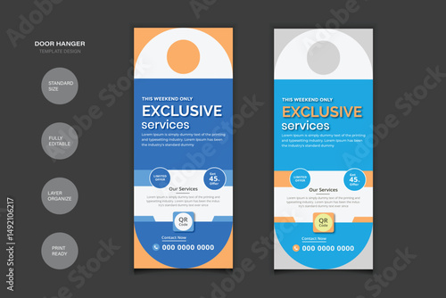 Roll up banner template design with editable door hanger, rack card, and DL flyer
