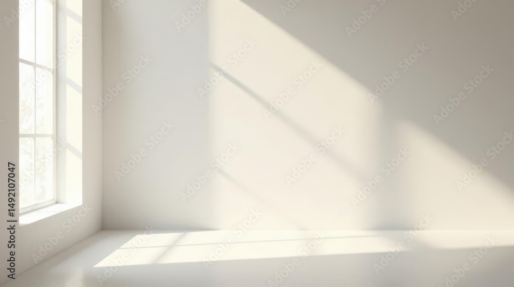 Fototapeta premium Sunlight Illuminates an Empty Room with a Single Window, Creating Soft Shadows on the Walls and Floor, Offering a Serene and Minimalist Setting