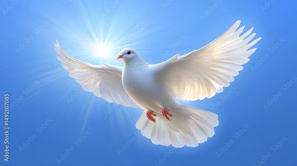 Fototapeta premium White dove soaring in blue sky with radiant sunlight