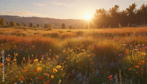 Sunlit field, vibrant wildflowers, golden hour, autumnal hues, image, vibrant