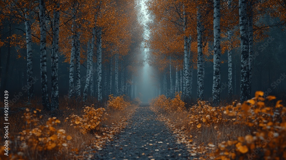 Fototapeta premium Autumnal forest path in mist