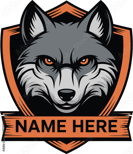 A powerful and determined wolf head illustration set within a shield emblem with a banner for text. This logo design conveys strength, loyalty, and a competitive spirit. Ideal for sports teams, gaming