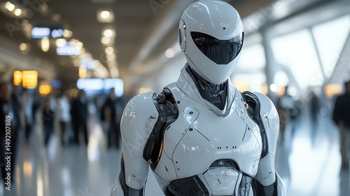Wallpaper Mural Futuristic white humanoid robot in busy modern airport terminal Torontodigital.ca