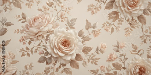 Subtle rose and ivory floral pattern; regal, soft hues, botanical, decor