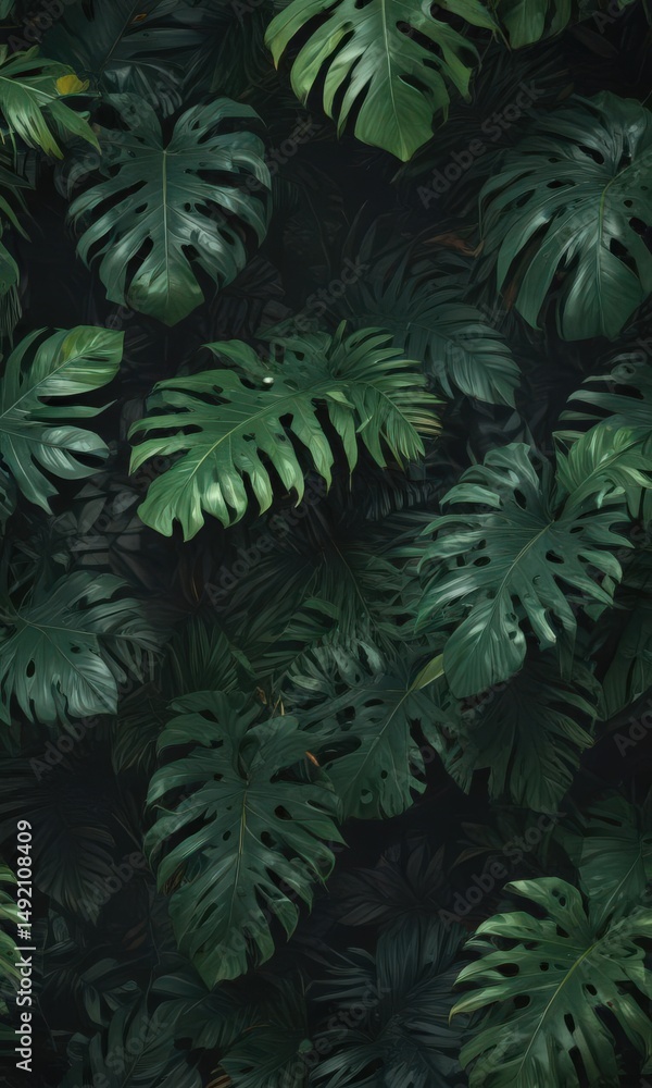 Luxurious dark green tropical leaves, vibrant jungle pattern, organic, print, flora Luxurious dark green tropical leaves, vibrant jungle pattern, organic, print, flora