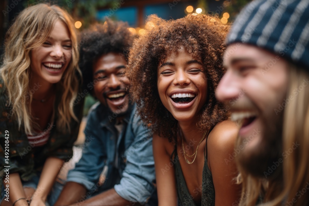 Fototapeta premium Diverse group of friends laughing together while sitting in outdoors