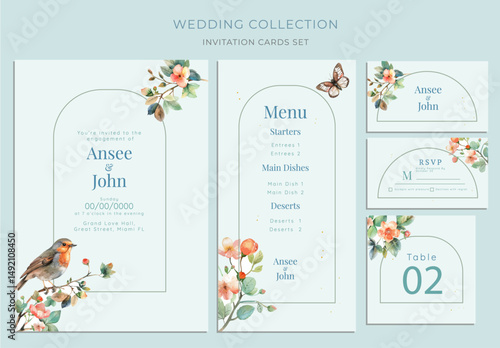 Wedding invitation with birds and flowering branches