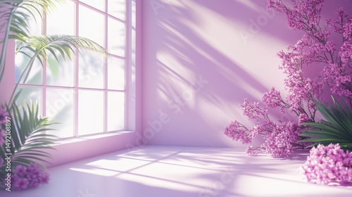 Sunlit room with pink blossoms and tropical foliage in tranquil setting