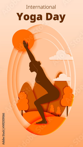 International Yoga Day. Vertical template. Utkatasana or Chair pose. Paper cut design. Isolated vector illustration