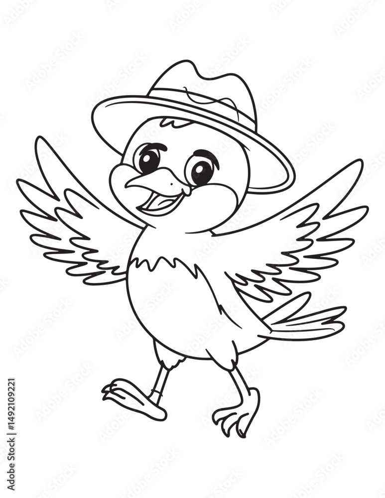 Fototapeta premium Happy Bird Wearing a Hat Coloring Page