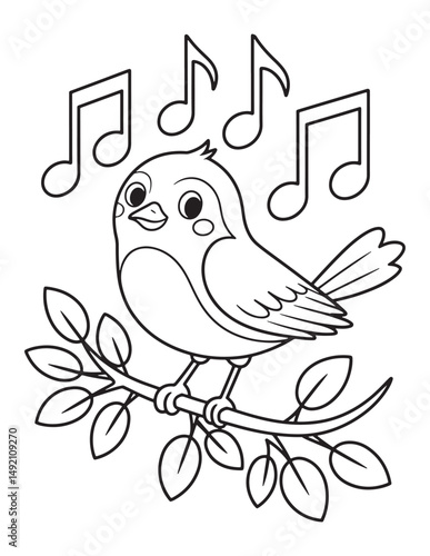 Singing Bird with Musical Notes  Line Art Coloring Page