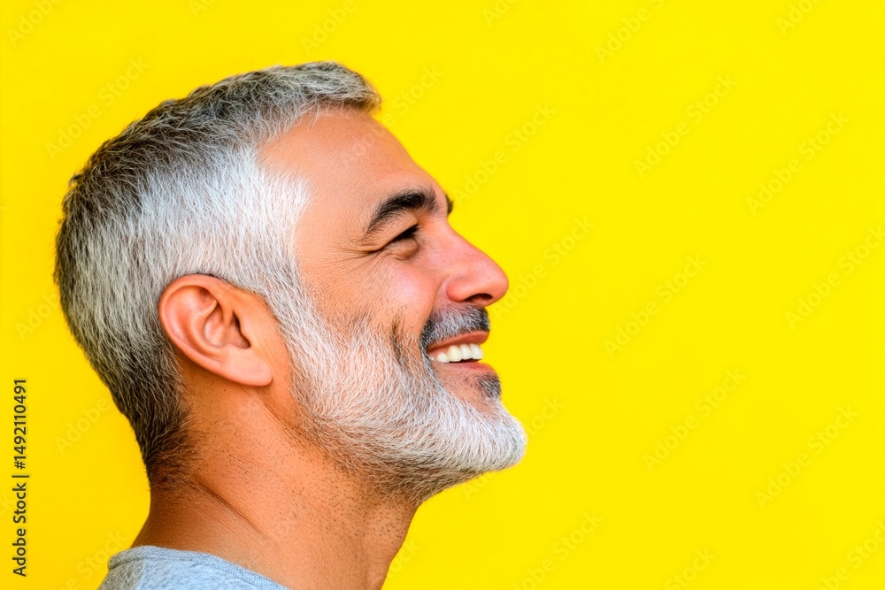 Obraz premium Conceptual art of style for aging men. Chic men's side part haircut - midlife middle eastern man with short hair. Yellow solid background. A strong and handsome man standing with grace.
