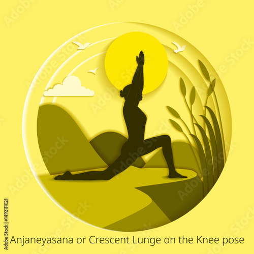 International Yoga Day. Anjaneyasana pose. Crescent Lunge on the Knee pose. Paper cut design. Isolated vector illustration.