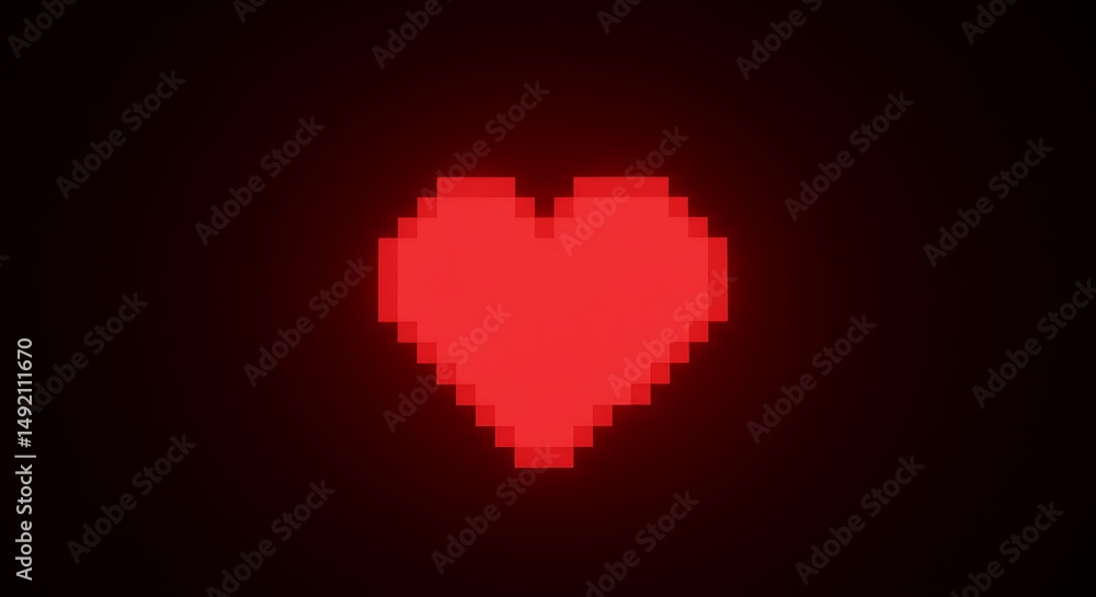 Fototapeta premium Pixel Heart Glowing Red on Dark Background