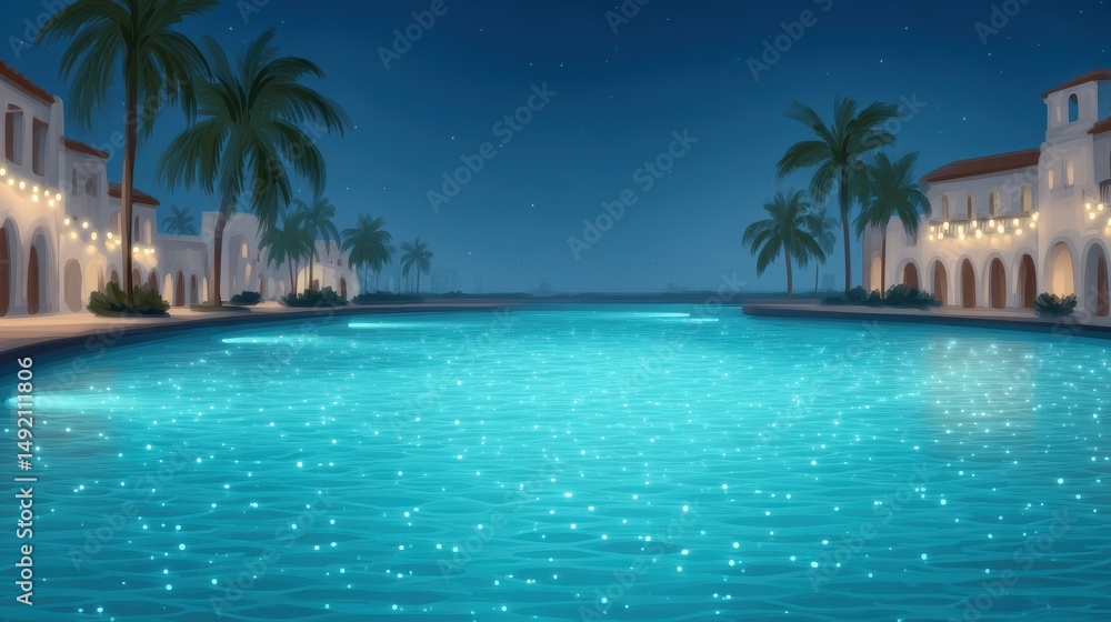 Fototapeta premium Enchanting night scene by a shimmering lagoon surrounded by warm palm trees and beautifully lit architecture under a starlit sky creating a tranquil and inviting atmosphere for relaxation