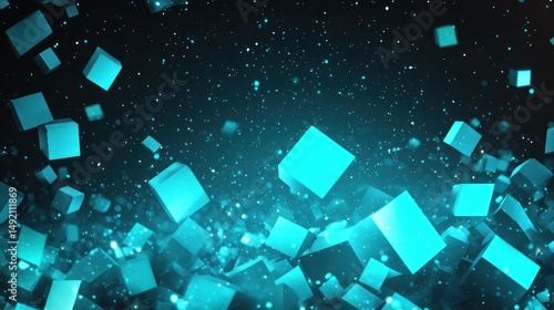 Abstract teal cubes falling in dark space