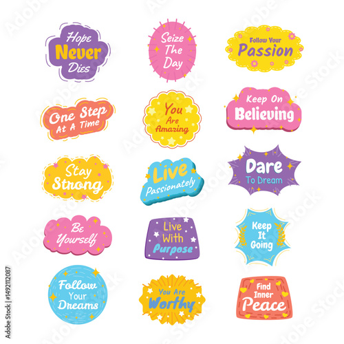 Colorful Motivational Quotes Collection in Various Shapes and Bold Lettering Illustration Collection
