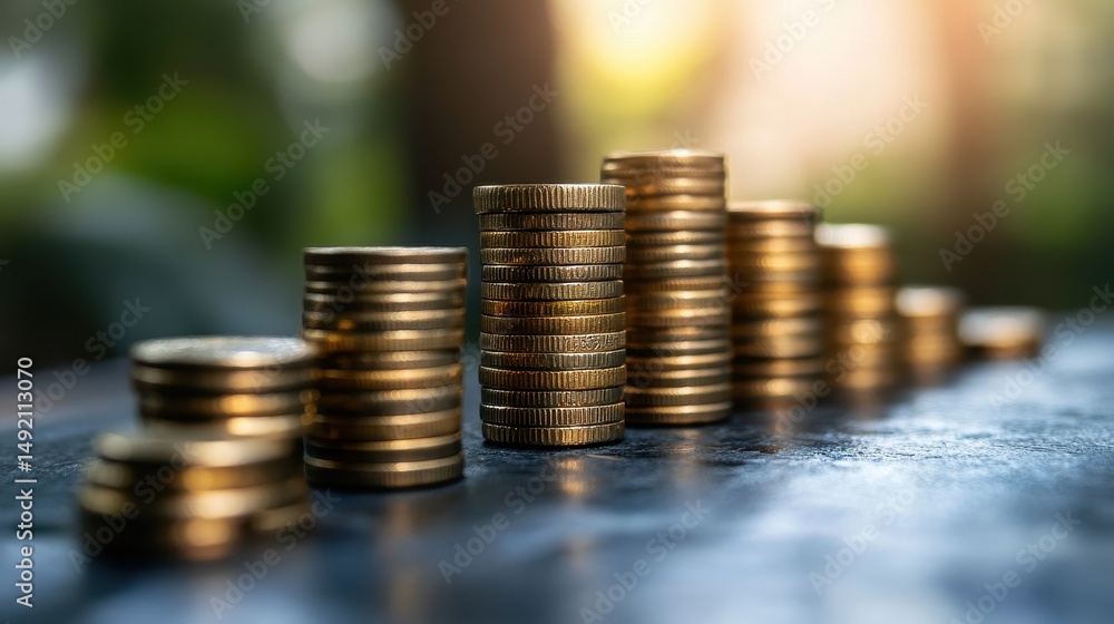 Stacked coins in increasing order on sunlit outdoor surface Stacked coins in increasing order on sunlit outdoor surface