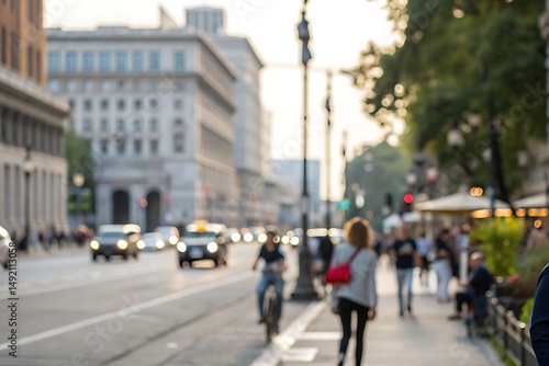 Busy urban street scene at sunset with blurred motion