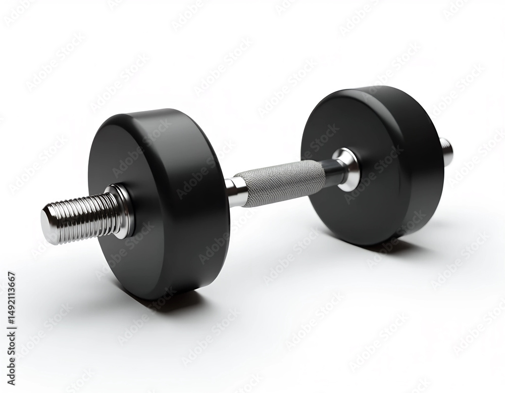 Fototapeta premium Black dumbbell on a white isolated background, ideal for fitness, exercise, gym promotions, and health-related projects, showcasing strength training and physical activity.