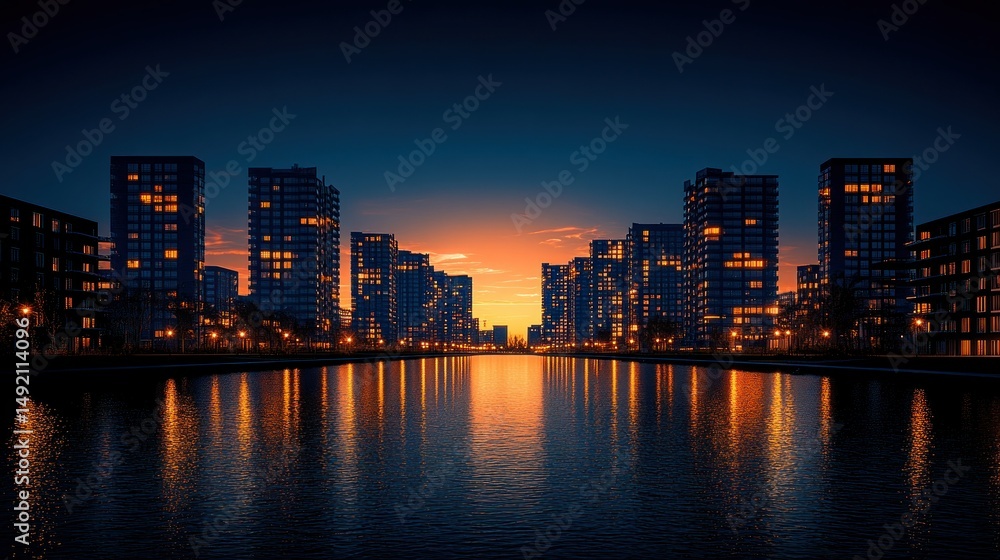 Obraz premium City skyline at sunset over calm water