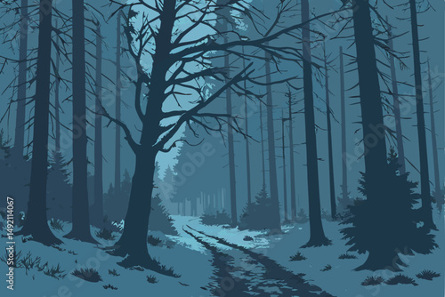 43 dark forest, winter landscape, snow covered trees, moody atmosphere, cold temperature, dim lighting, surreal mood, mystical ambiance, eerie scenery