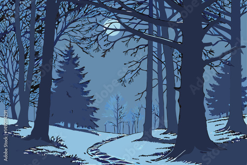 43 dark forest, winter landscape, snow covered trees, moody atmosphere, cold temperature, dim lighting, surreal mood, mystical ambiance, eerie scenery