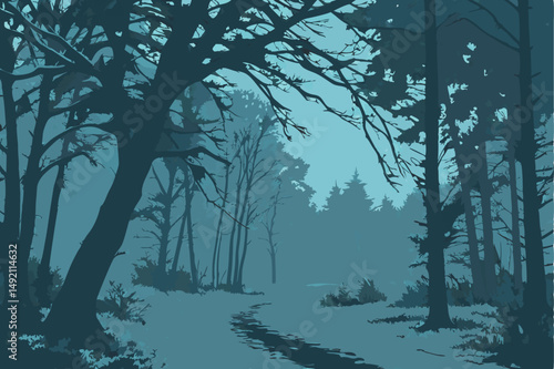 43 dark forest, winter landscape, snow covered trees, moody atmosphere, cold temperature, dim lighting, surreal mood, mystical ambiance, eerie scenery