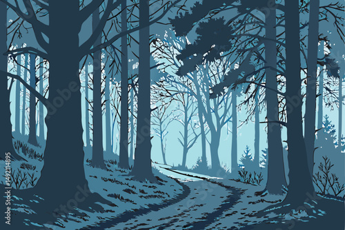 43 dark forest, winter landscape, snow covered trees, moody atmosphere, cold temperature, dim lighting, surreal mood, mystical ambiance, eerie scenery