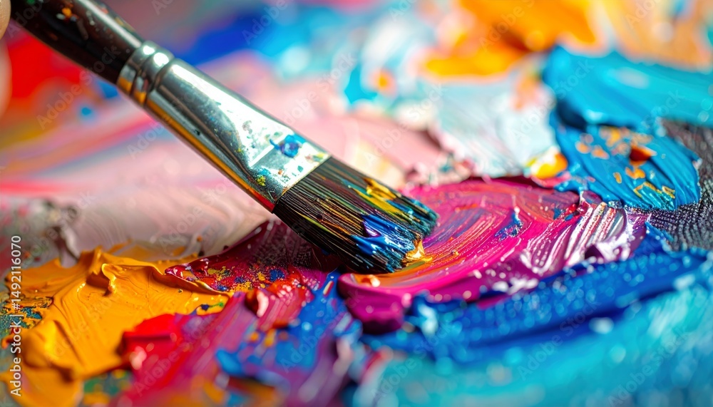 Obraz premium Brushes and paints with a colorful palette suggest artistic creativity for a painter's craft in the studio
