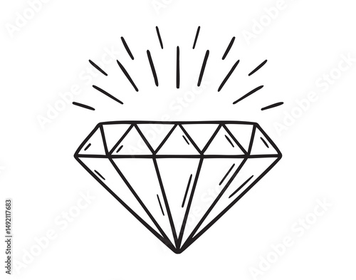 Diamond icon doodle hand drawn. Diamond shining rays outline line drawing clipart symbol