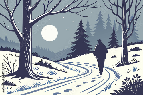 46 snowy winter forest path, man walking along snow-covered trail, moonlit night scene, atmospheric night mood, ambient lighting, detailed realistic landscape