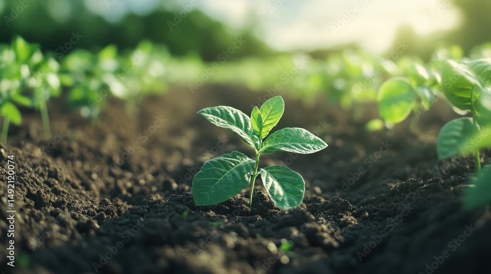 Naklejka premium Young green plant growing in rich soil under sunlight in a garden