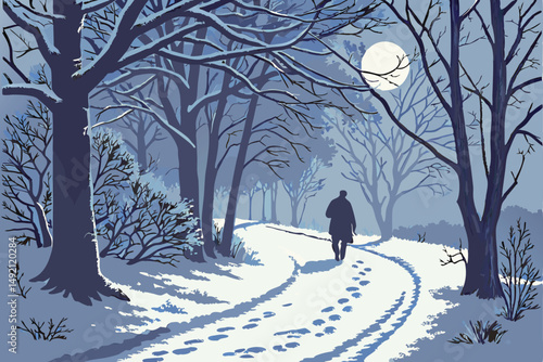 46 snowy winter forest path, man walking along snow-covered trail, moonlit night scene, atmospheric night mood, ambient lighting, detailed realistic landscape