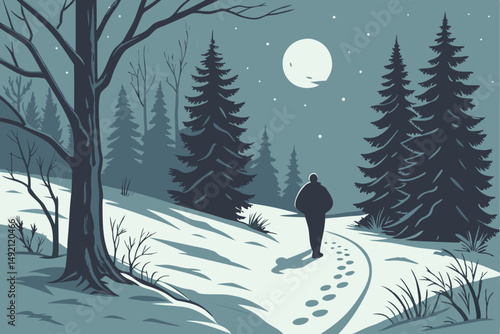 46 snowy winter forest path, man walking along snow-covered trail, moonlit night scene, atmospheric night mood, ambient lighting, detailed realistic landscape