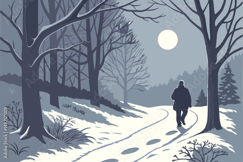 46 snowy winter forest path, man walking along snow-covered trail, moonlit night scene, atmospheric night mood, ambient lighting, detailed realistic landscape