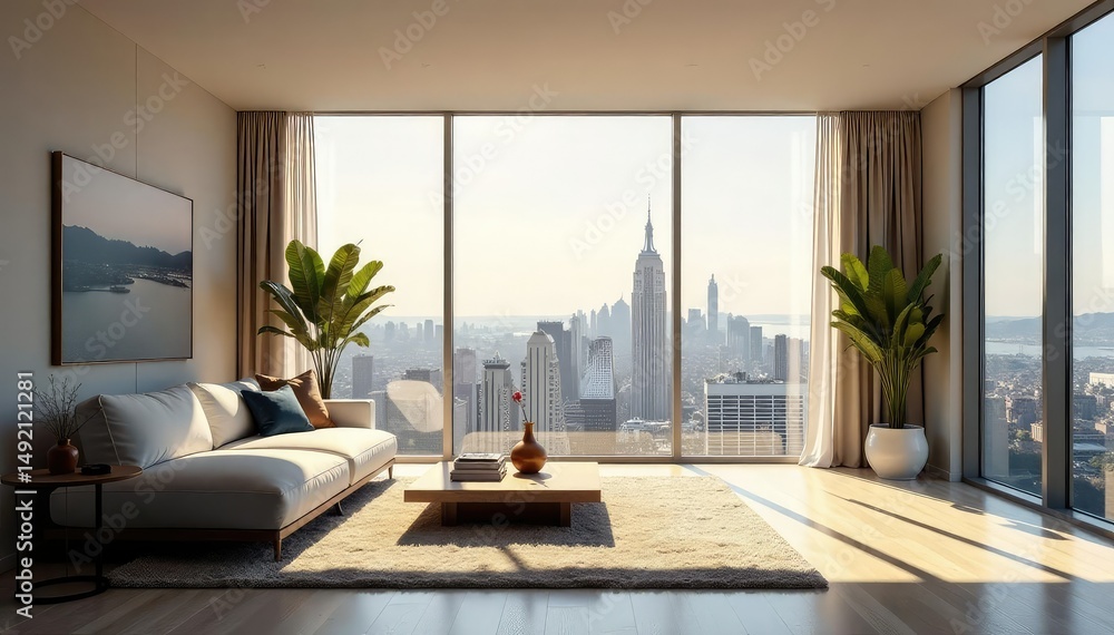 Fototapeta premium Bright sunlight streams into a modern, minimalist living room Large windows showcase a vibrant cityscape , apartment, house