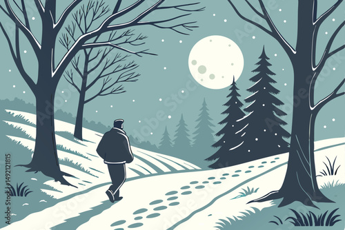 46 snowy winter forest path, man walking along snow-covered trail, moonlit night scene, atmospheric night mood, ambient lighting, detailed realistic landscape