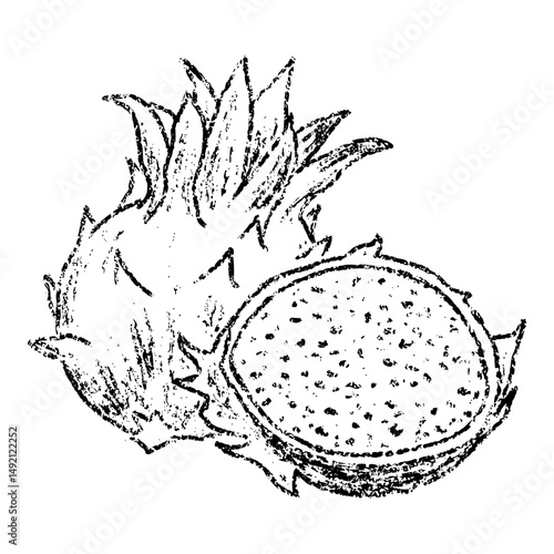 Sketch crayon summer fruit pitahaya illustration. Hand drawn scribble doodle dessert tropical plant, sweet and tasty. Pencil texture vector design element for label, package, tag.