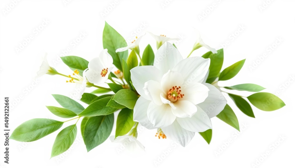 Fototapeta premium Delicate watercolor white floral bouquet with green leaves, isolated, white background, wedding invitation